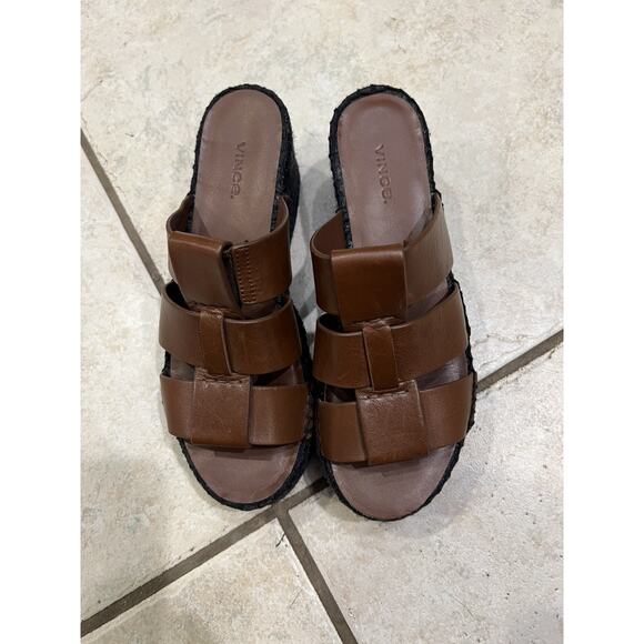 Vince Mahogany Brown Leather Sabella Espadrille Wedge Slip On Sandal Sz 6 - Picture 1 of 8